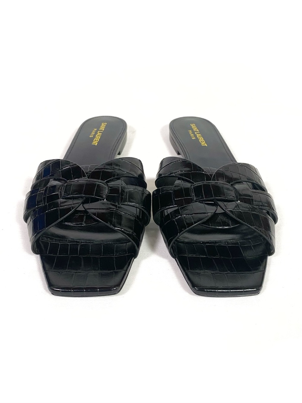 Saint Laurent Tribute Flat Mules Sandals Black Croc - Picture 2 of 8